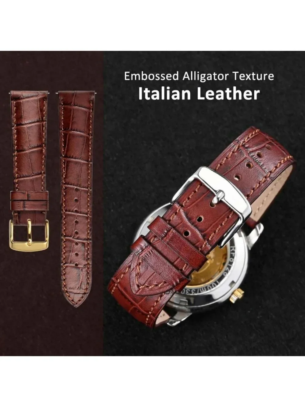 Elegant 20mm Italian Leather Watch Band, Embossed Alligator Grain, Gold Buckle